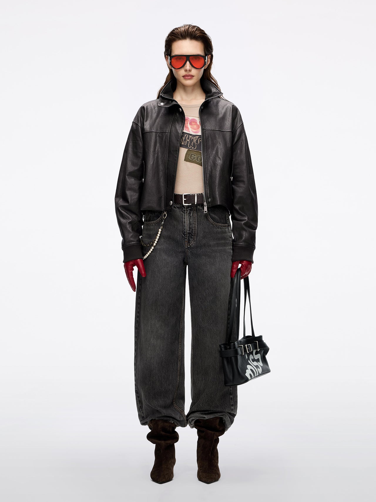 Leather-Panel Loose-Fit Denim Jeans