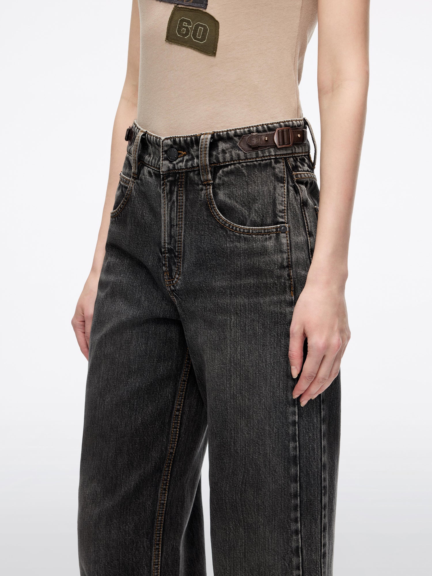 Leather-Panel Loose-Fit Denim Jeans