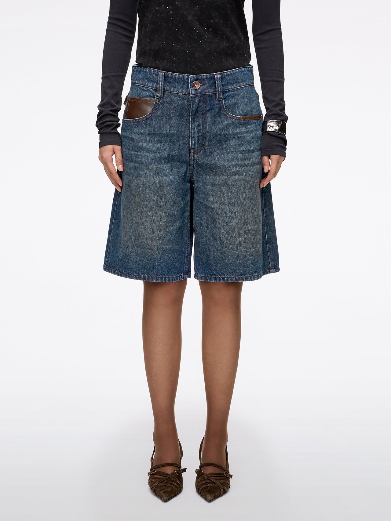 Leather-Panel Denim Bermuda Shorts