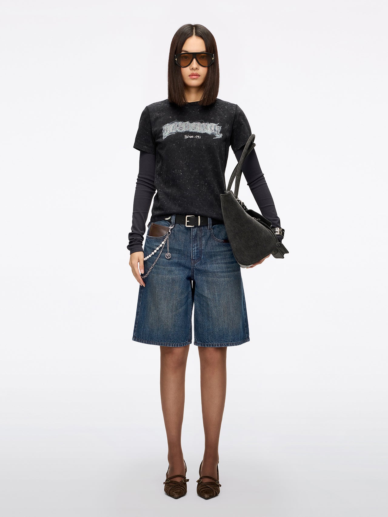 Leather-Panel Denim Bermuda Shorts