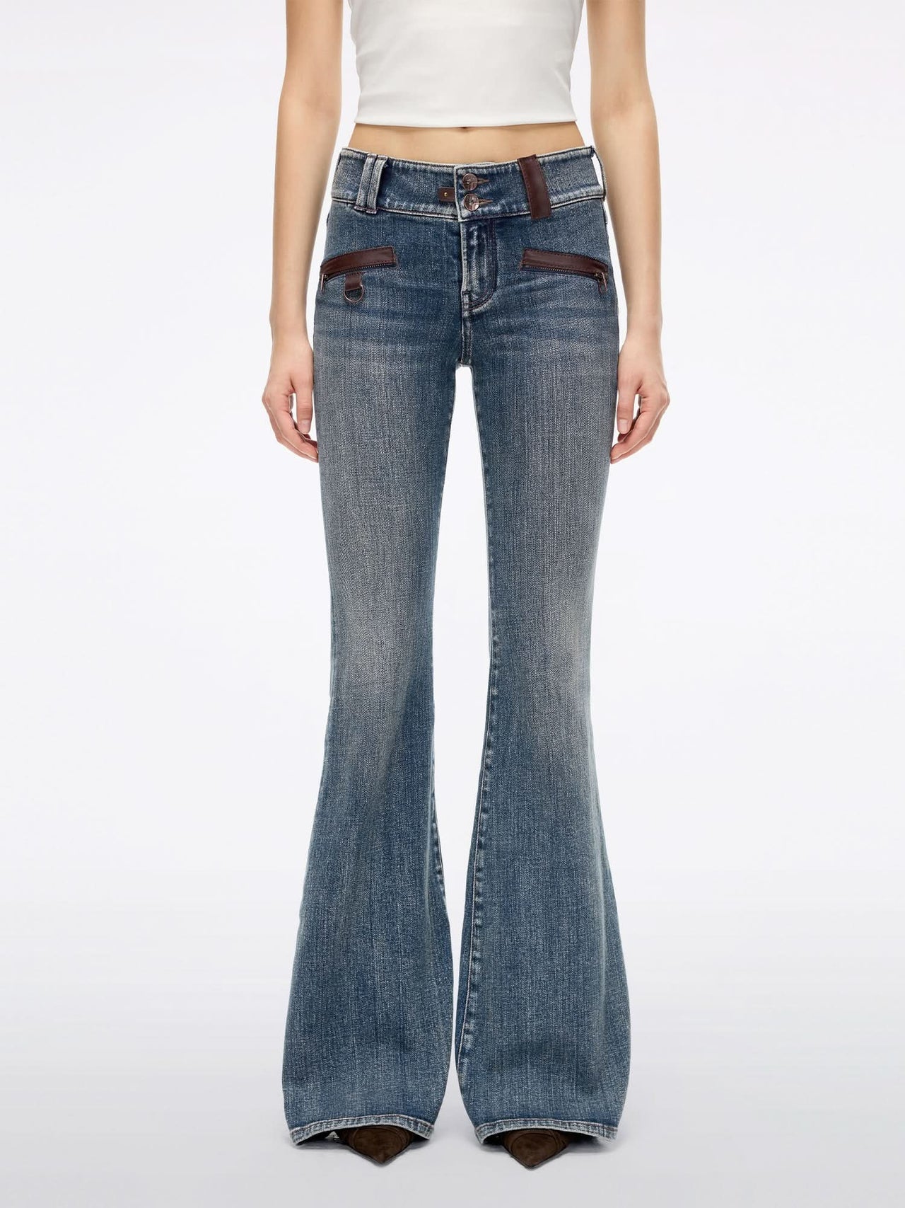 Leather-Panel Flared Jeans