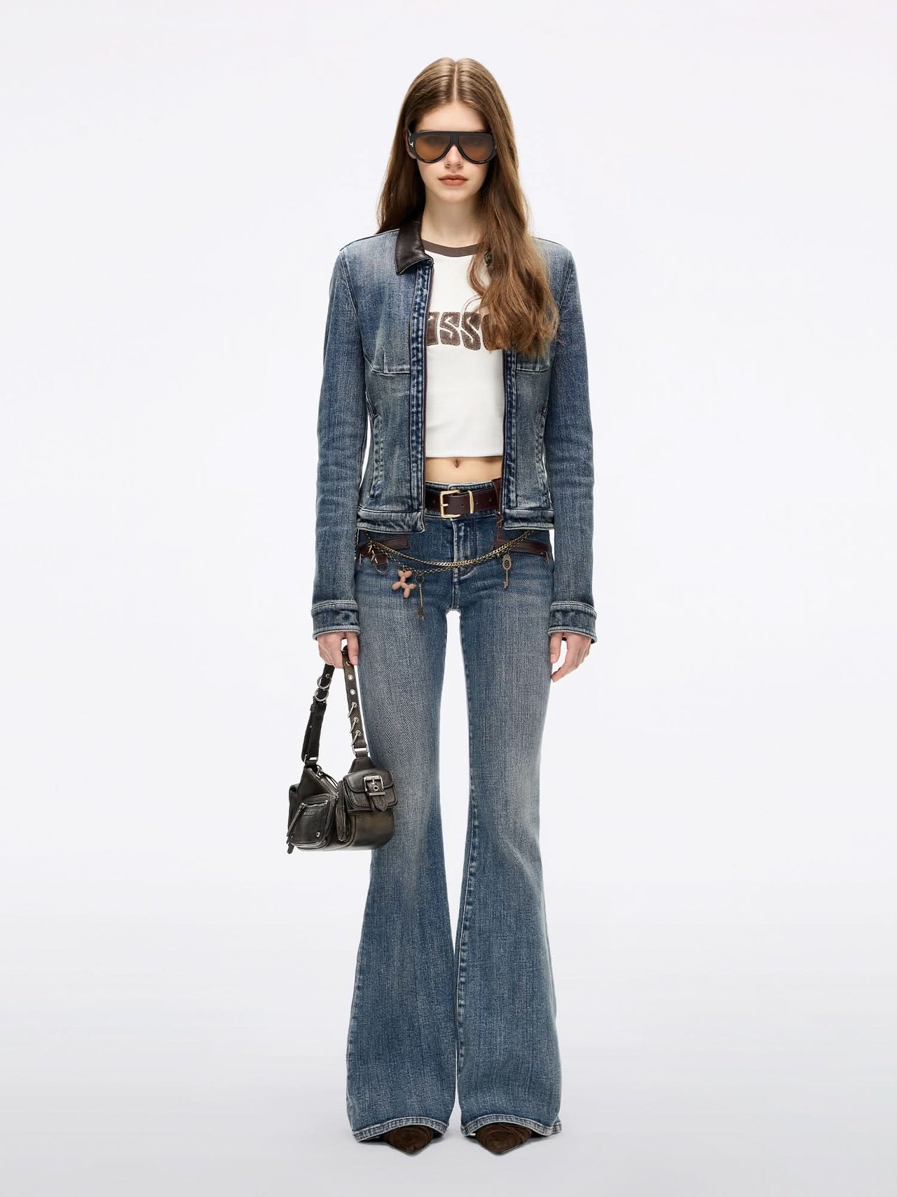 Leather-Panel Flared Jeans