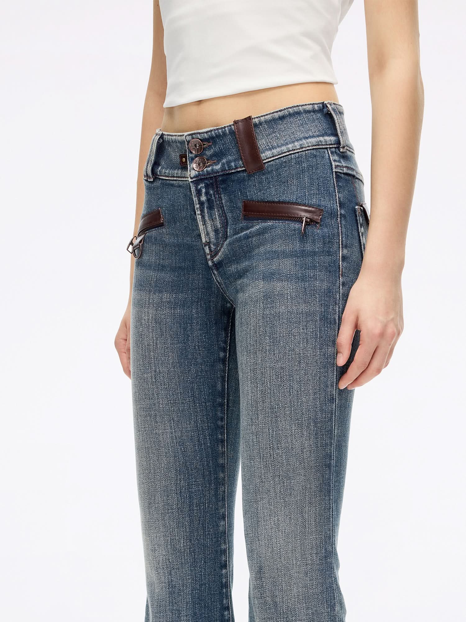 Leather-Panel Flared Jeans