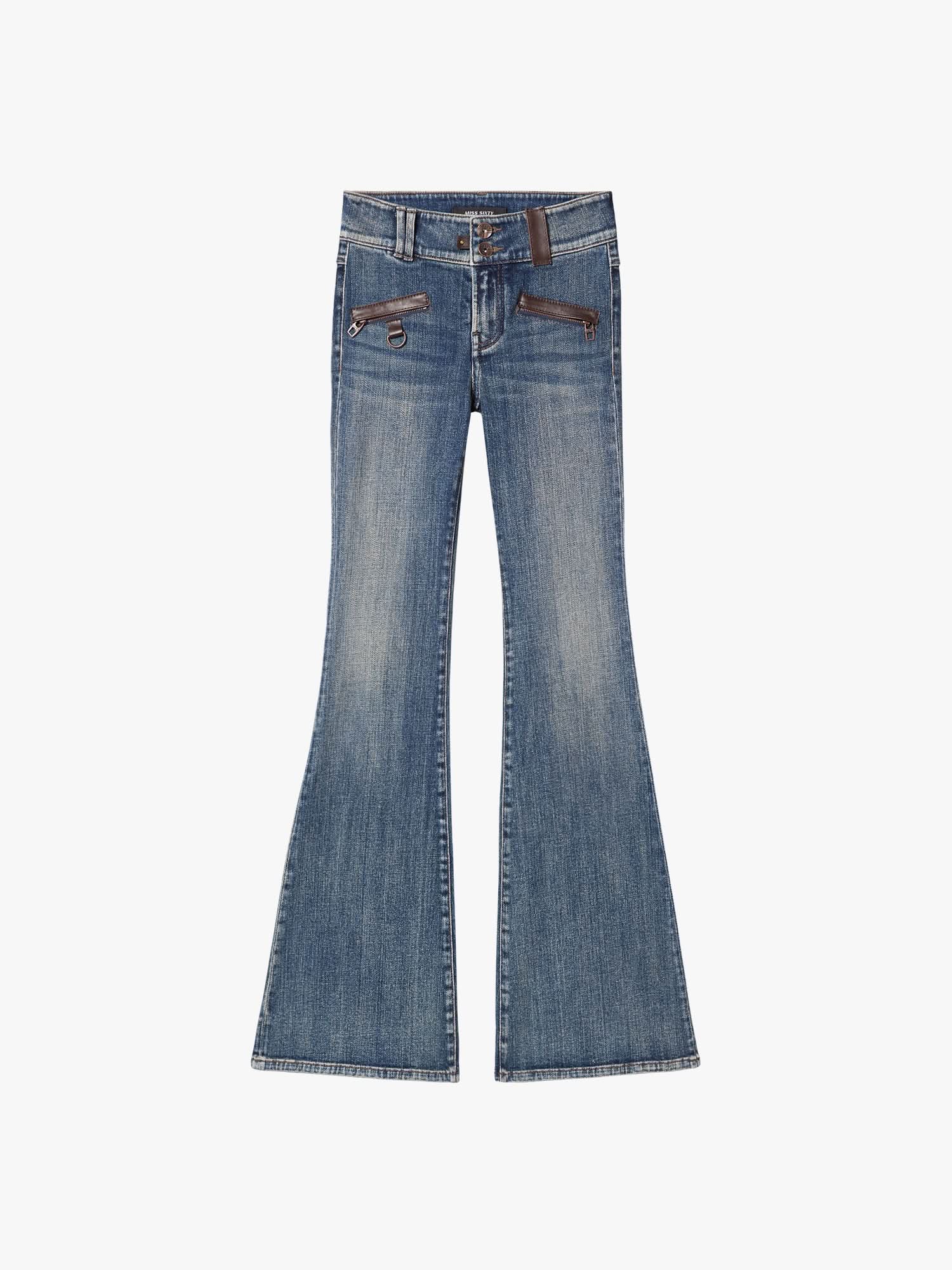 Leather-Panel Flared Jeans