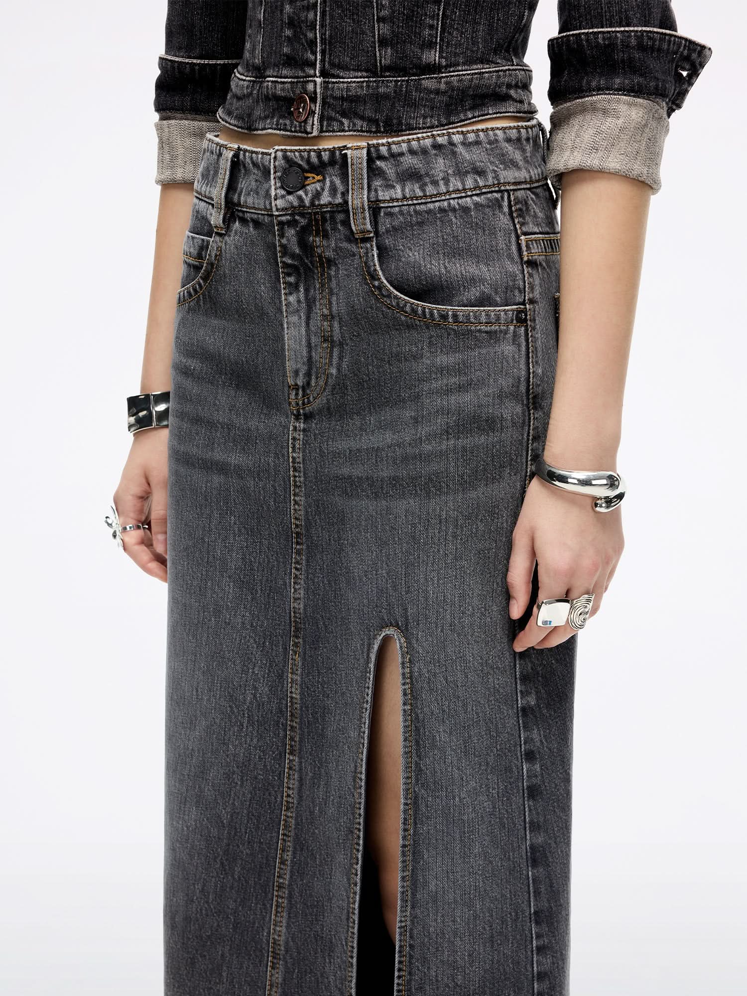 Slit Denim Maxi Skirt