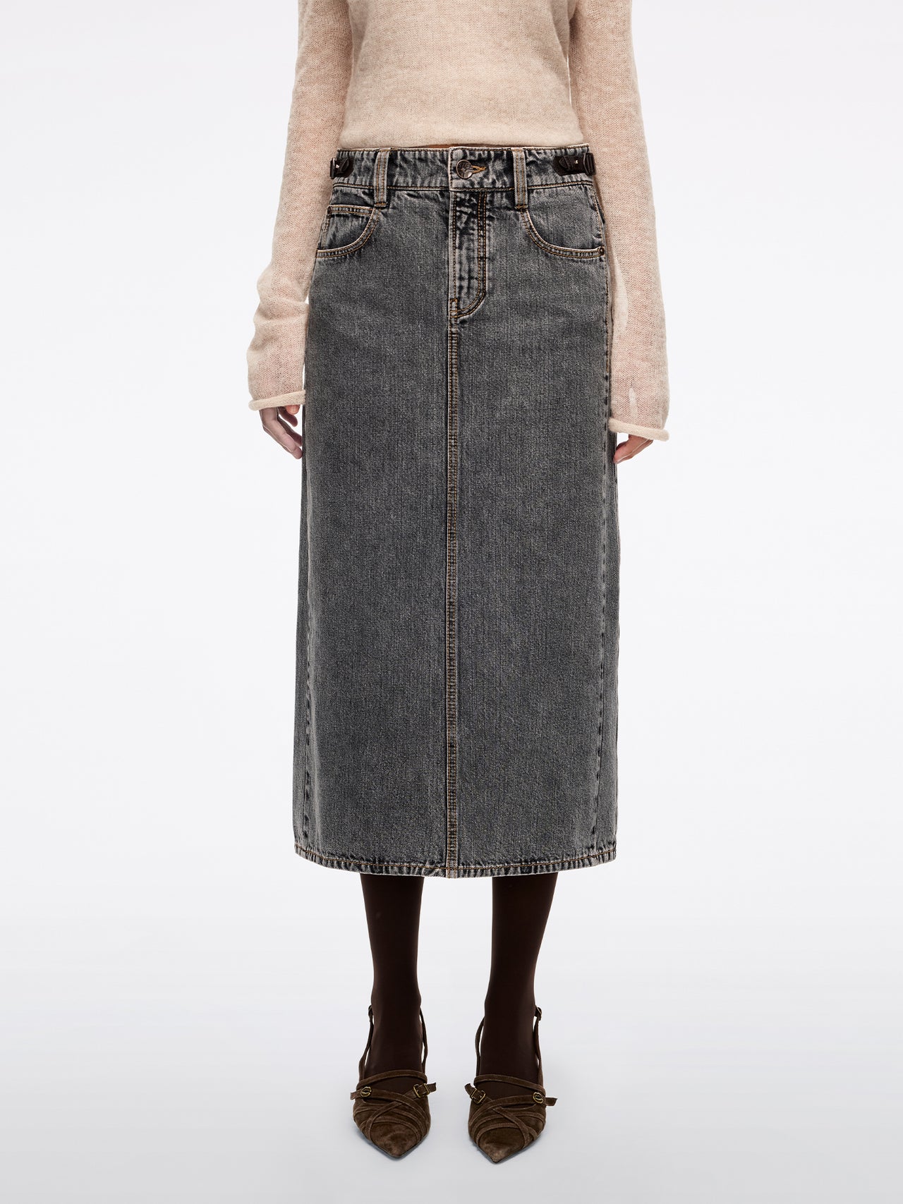 Leather-Panel Denim Maxi Skirt