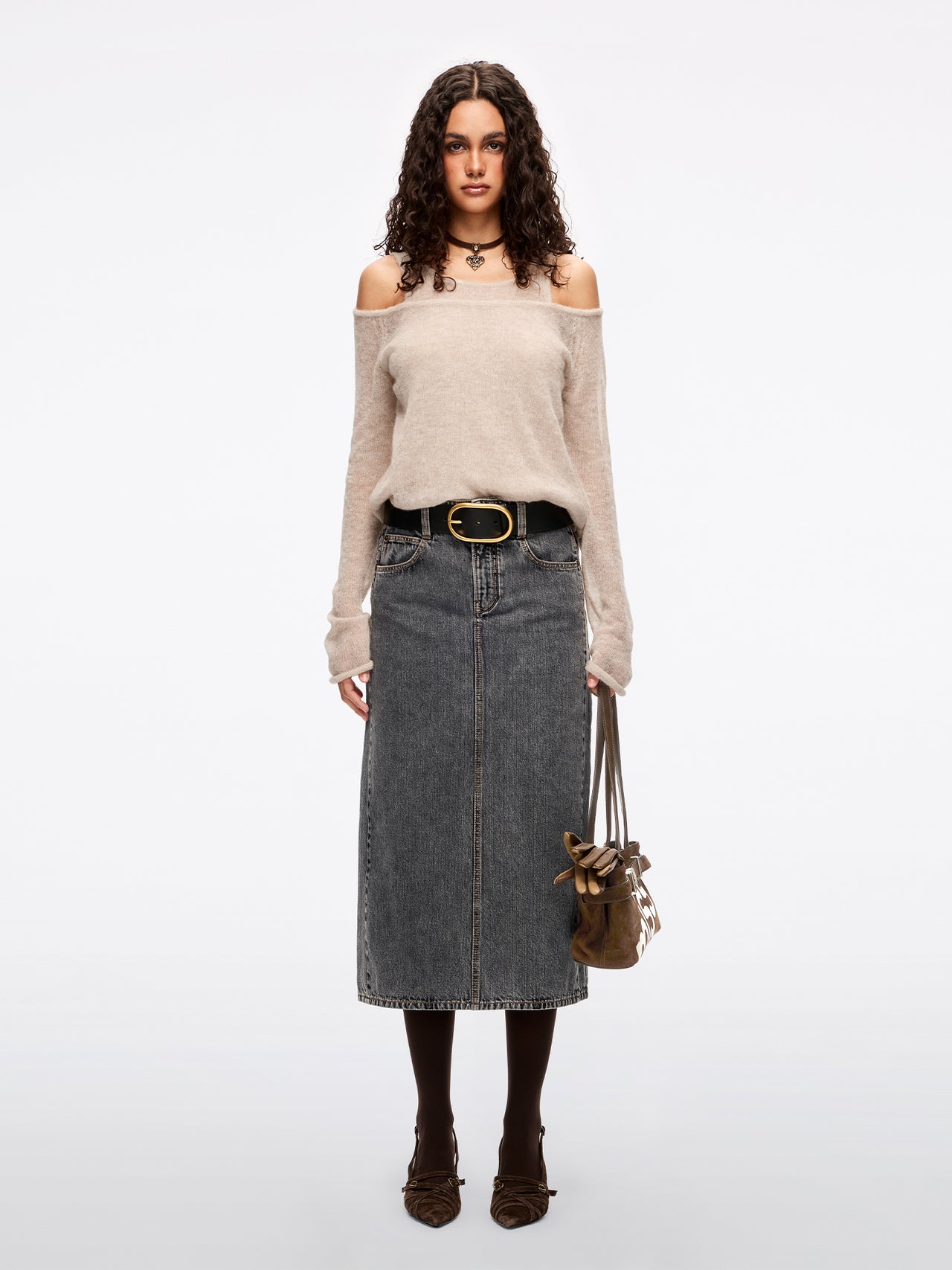 Leather-Panel Denim Maxi Skirt