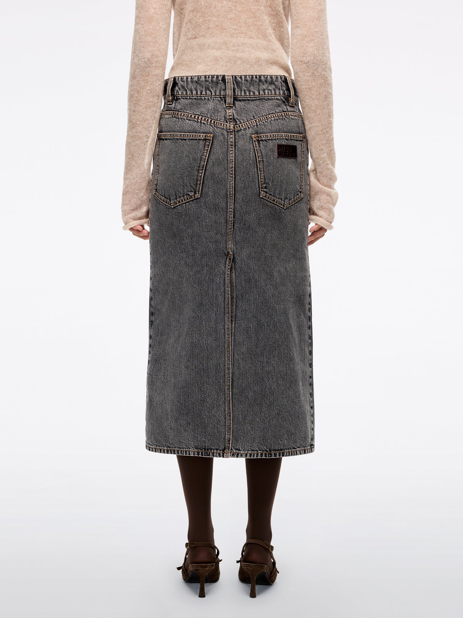 Leather-Panel Denim Maxi Skirt