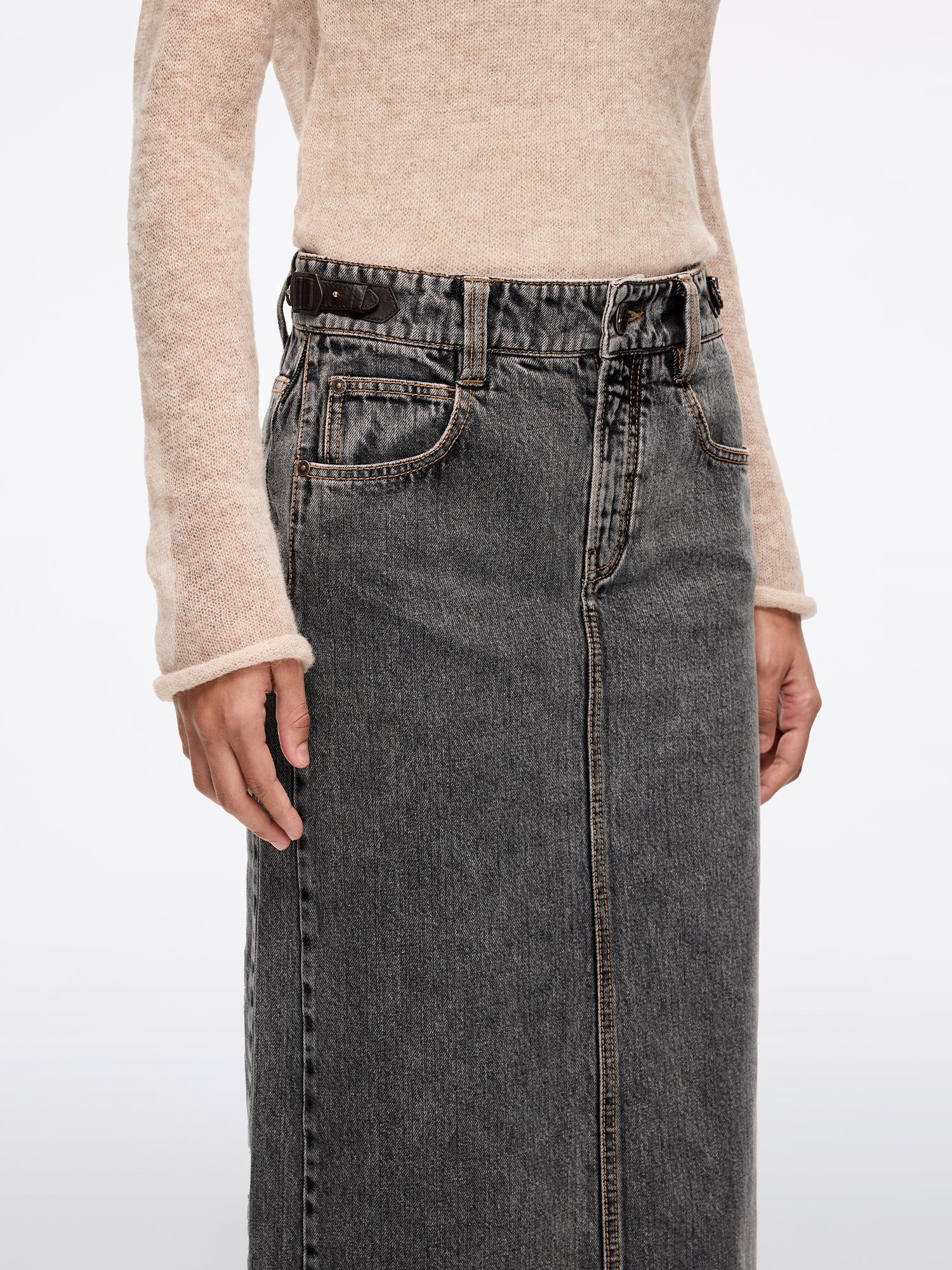Leather-Panel Denim Maxi Skirt