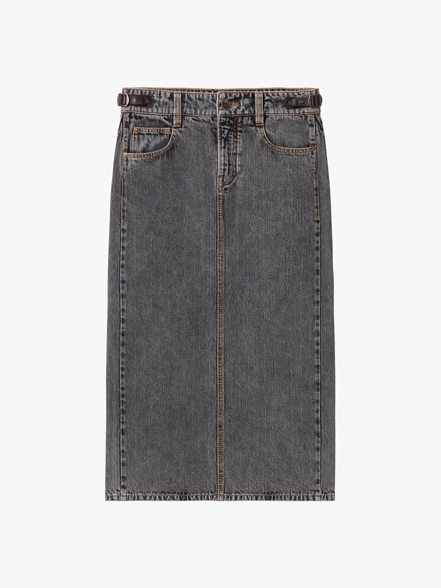 Leather-Panel Denim Maxi Skirt
