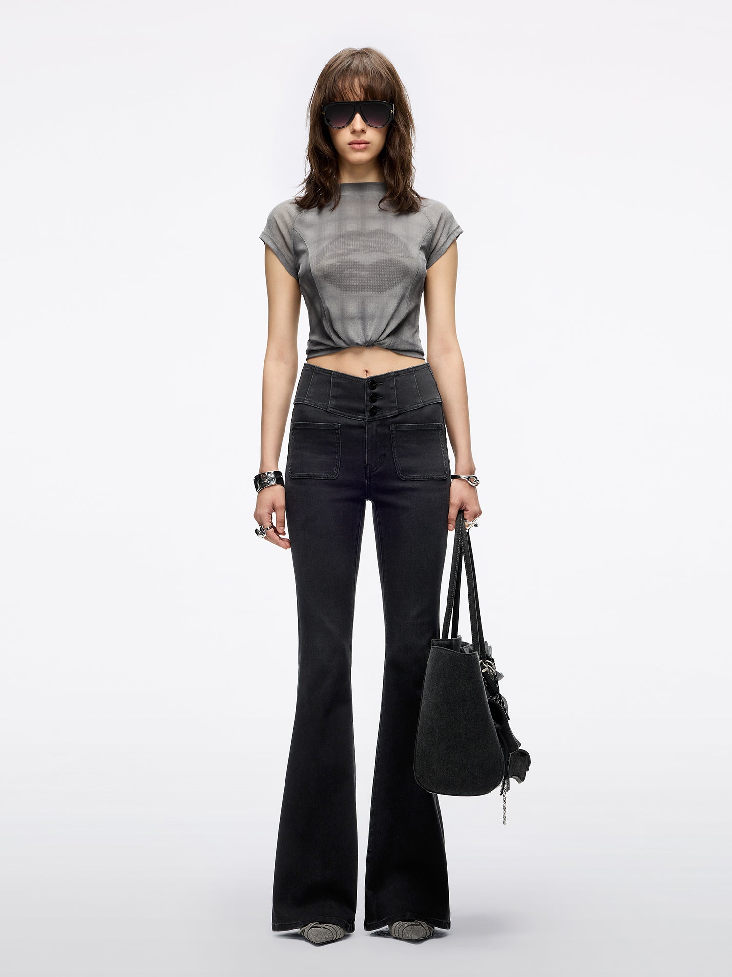 Mock Neck Lips Print T-Shirt