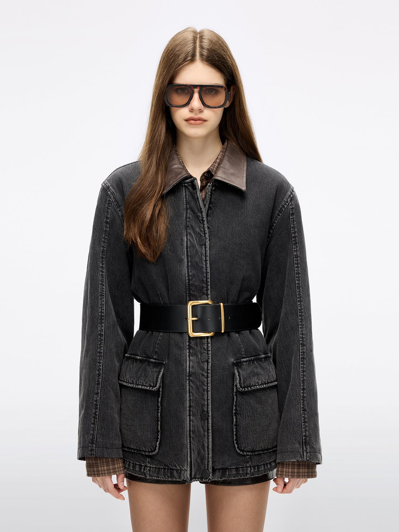 Leather-Panel Quilted Denim Jacket