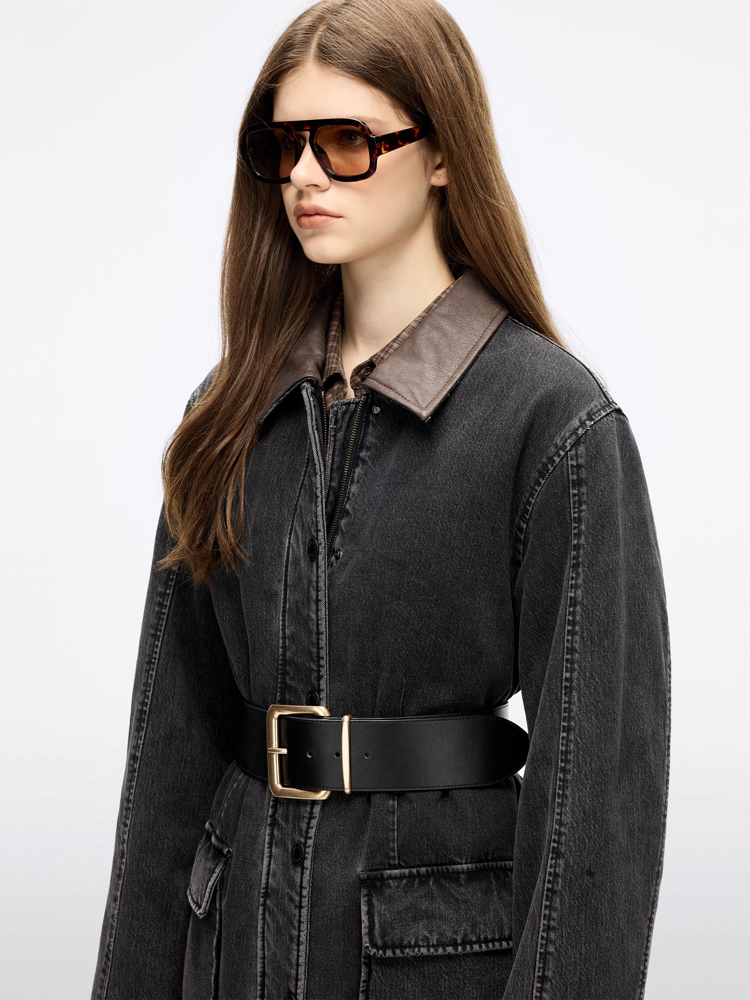 Leather-Panel Quilted Denim Jacket