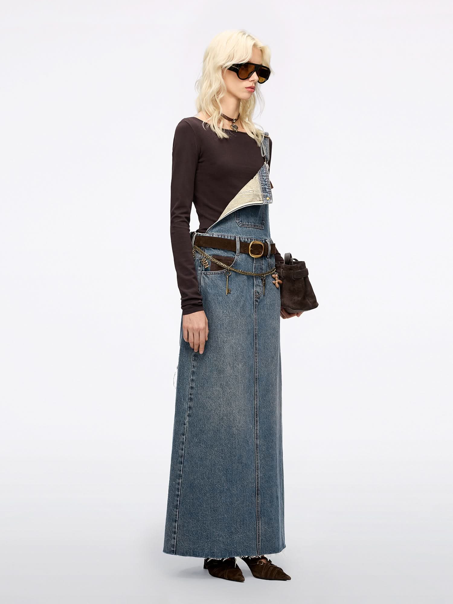 Leather Patch Denim Dress