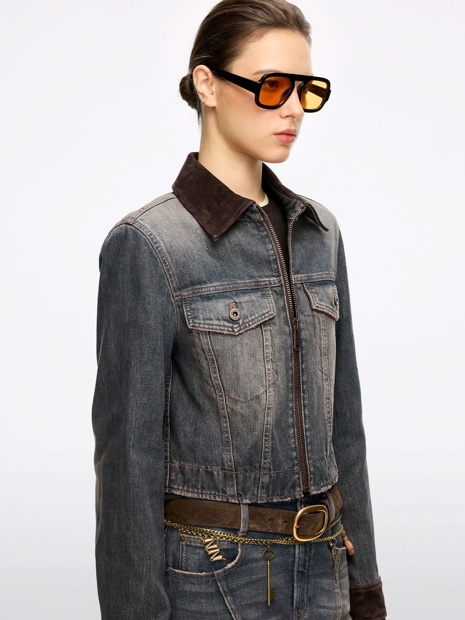 Patchwork Leather Denim Jacket