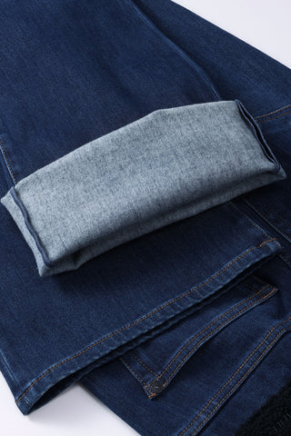 Dark Blue V-Shape High-Waisted Cashmere Denim Flared Jeans