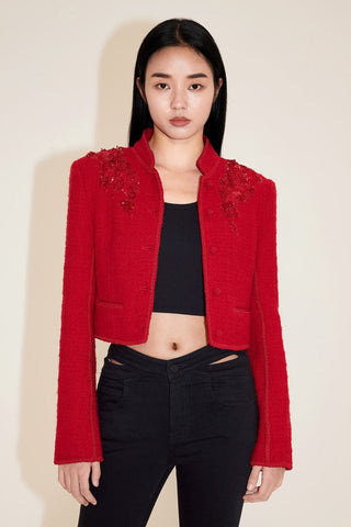 Red Embroidered Woolen Tweed Jacket