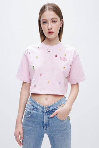 T-Shirt With Fruit And Beaded Embroidered