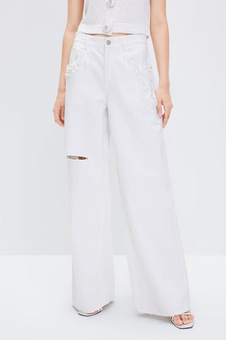 Baggy Ripped White Jeans With Linen Blend