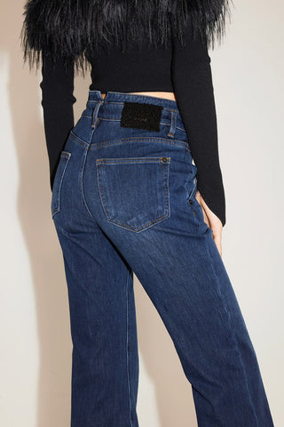 Dark Blue V-Shape High-Waisted Cashmere Denim Flared Jeans