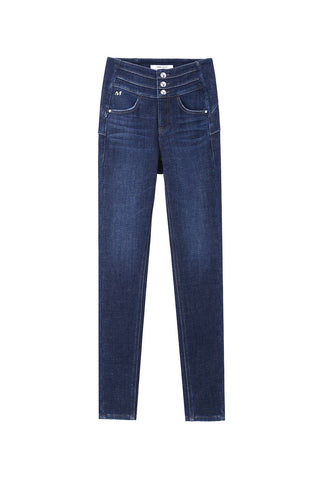 High-Waist Deep Blue Fleece-Lined Slim-Fit Denim Jeans
