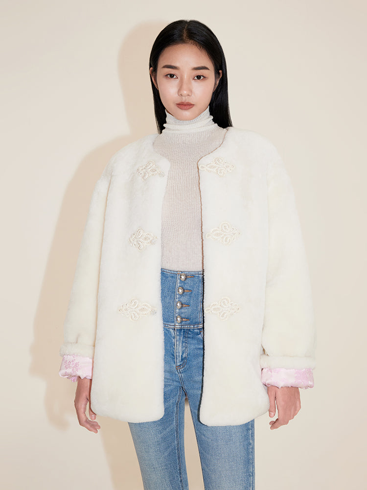 Round Neck  Buckle Lamb Fur Jacket