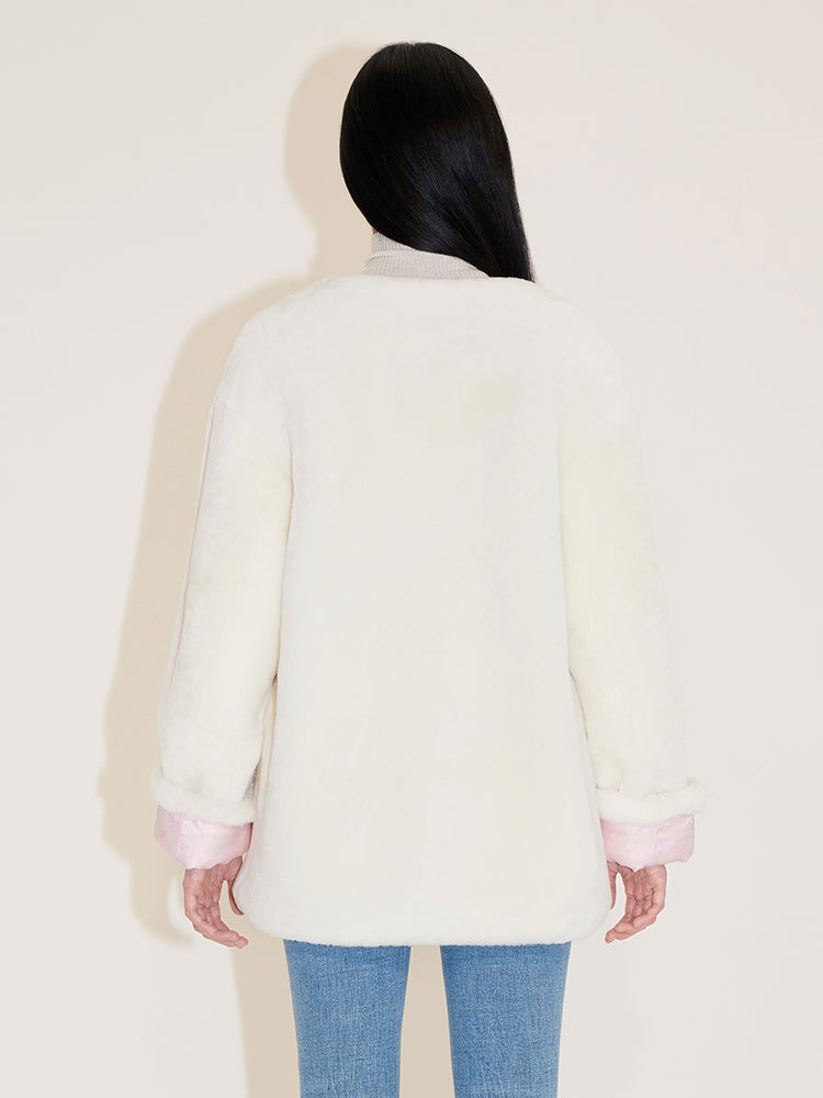 Round Neck  Buckle Lamb Fur Jacket