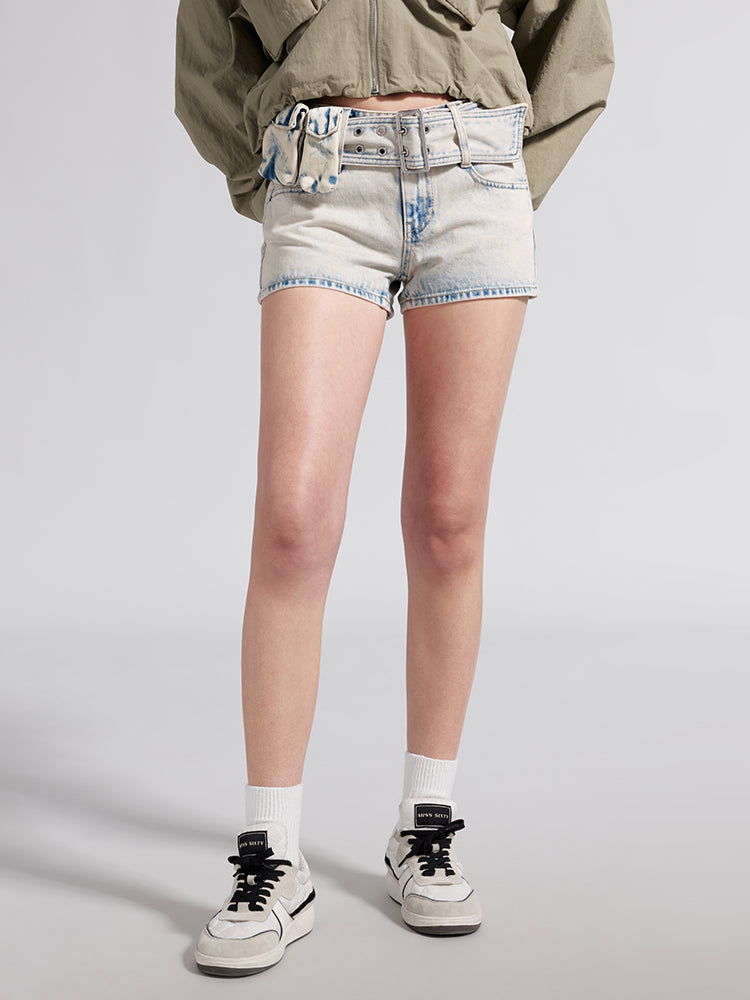 Wide Belted Low Rise Denim Shorts