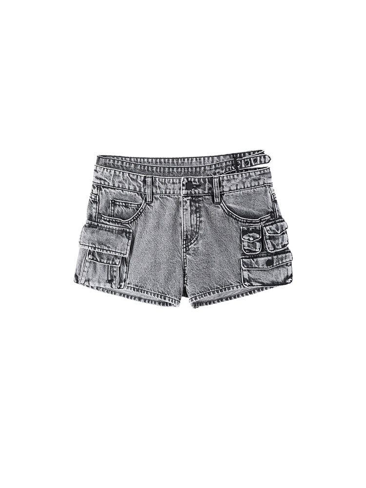 Cargo Denim Shorts With Paneled Waist Design