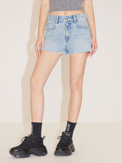 Colour Block Woven Belt Patchwork Denim Shorts