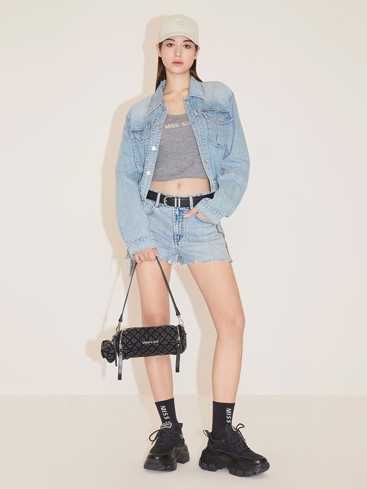 Colour Block Woven Belt Patchwork Denim Shorts