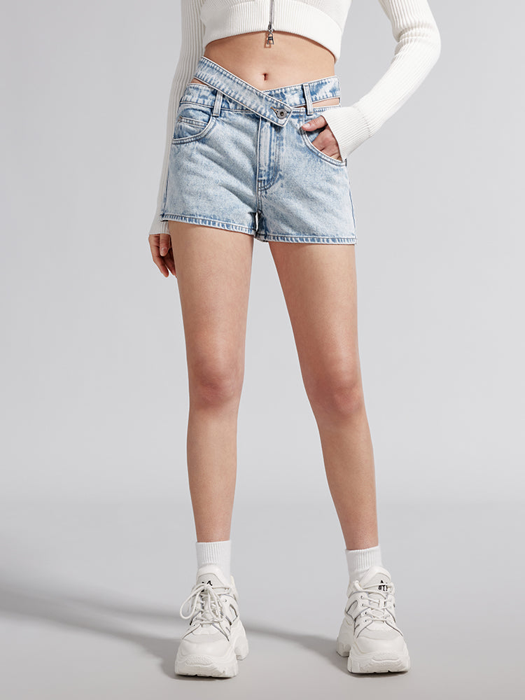 Straight Fit Denim Shorts With Paneled Waist Design