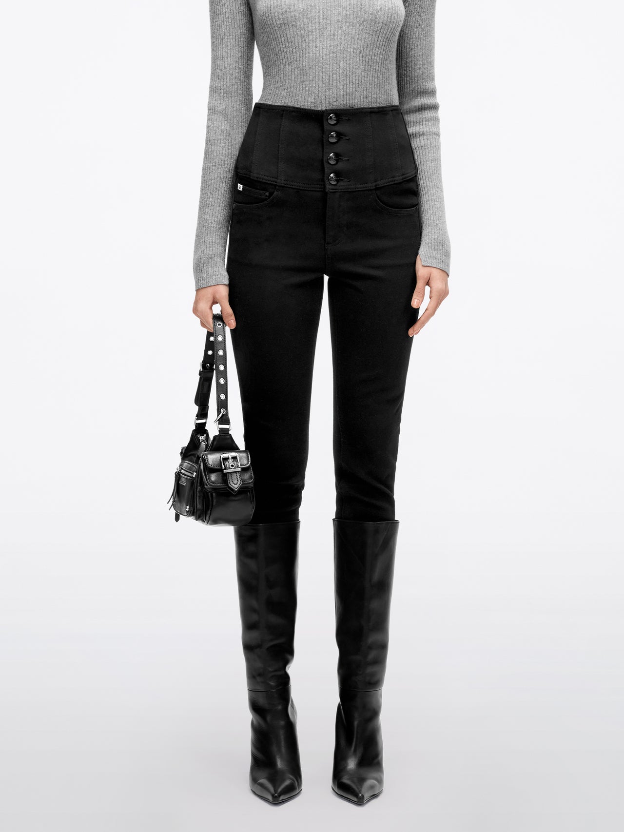 Black High Waisted Slim Fit Jeans With Four Buttons