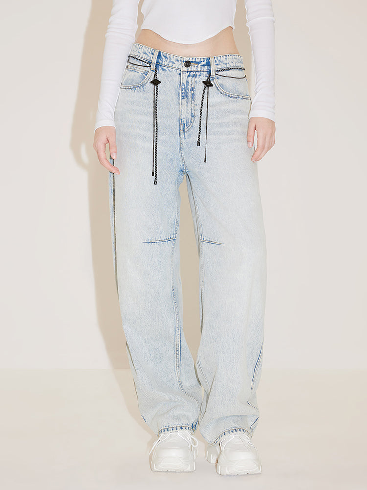 Vintage Light Blue Wash Loose Fit Jeans With Waist Chain