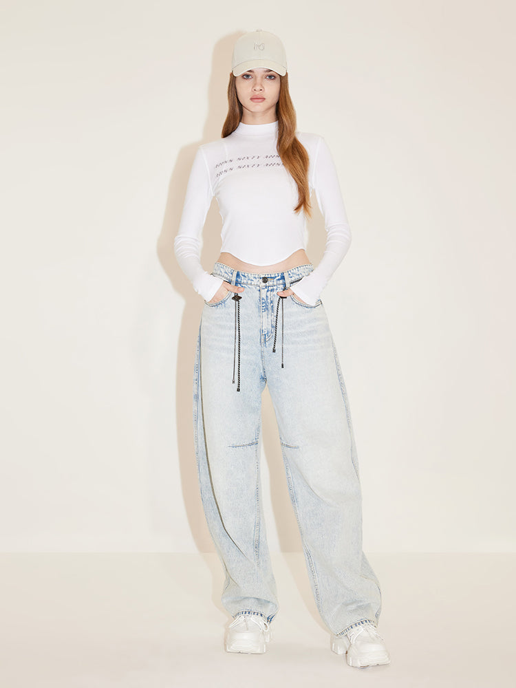 Vintage Light Blue Wash Loose Fit Jeans With Waist Chain