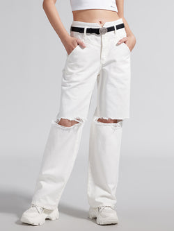 V-Shape Waist Ripped White Jeans