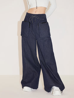 Cargo Style Wide Leg Jeans With Pockets