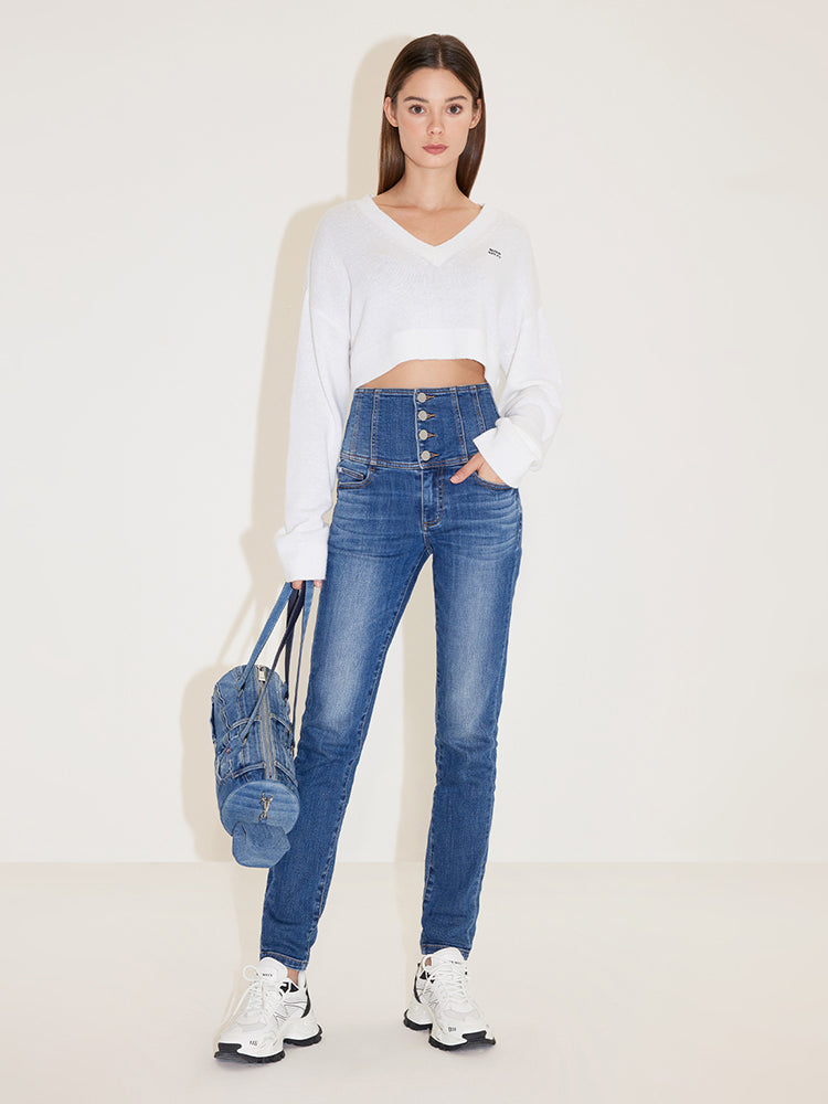 High Waist Slim Fit Jeans With Four Buttons
