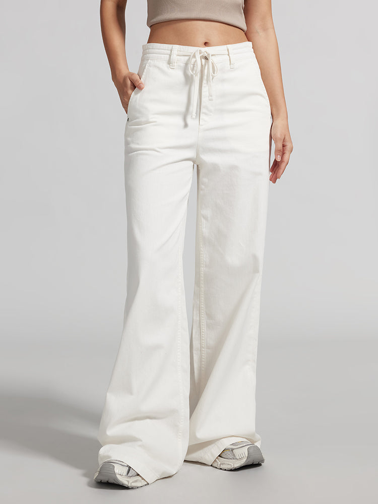 White Wide Leg Jeans With Drawstring