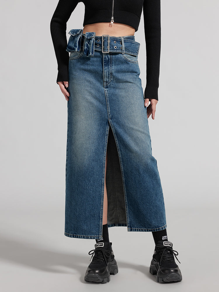 Cargo Style Denim Skirt With Detachable Belt