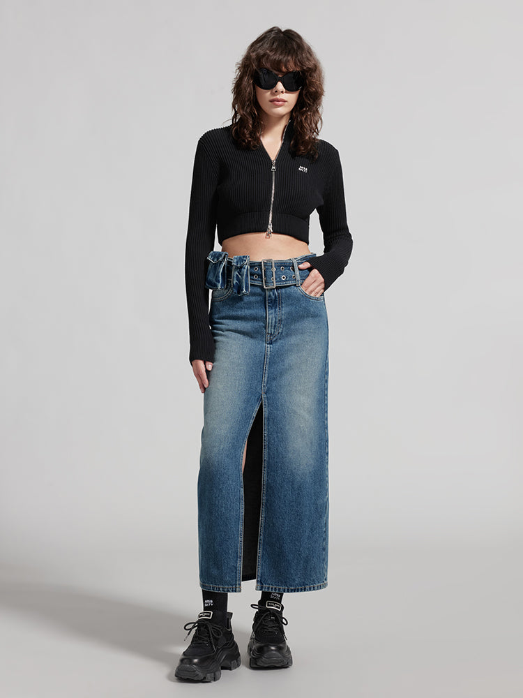 Cargo Style Denim Skirt With Detachable Belt