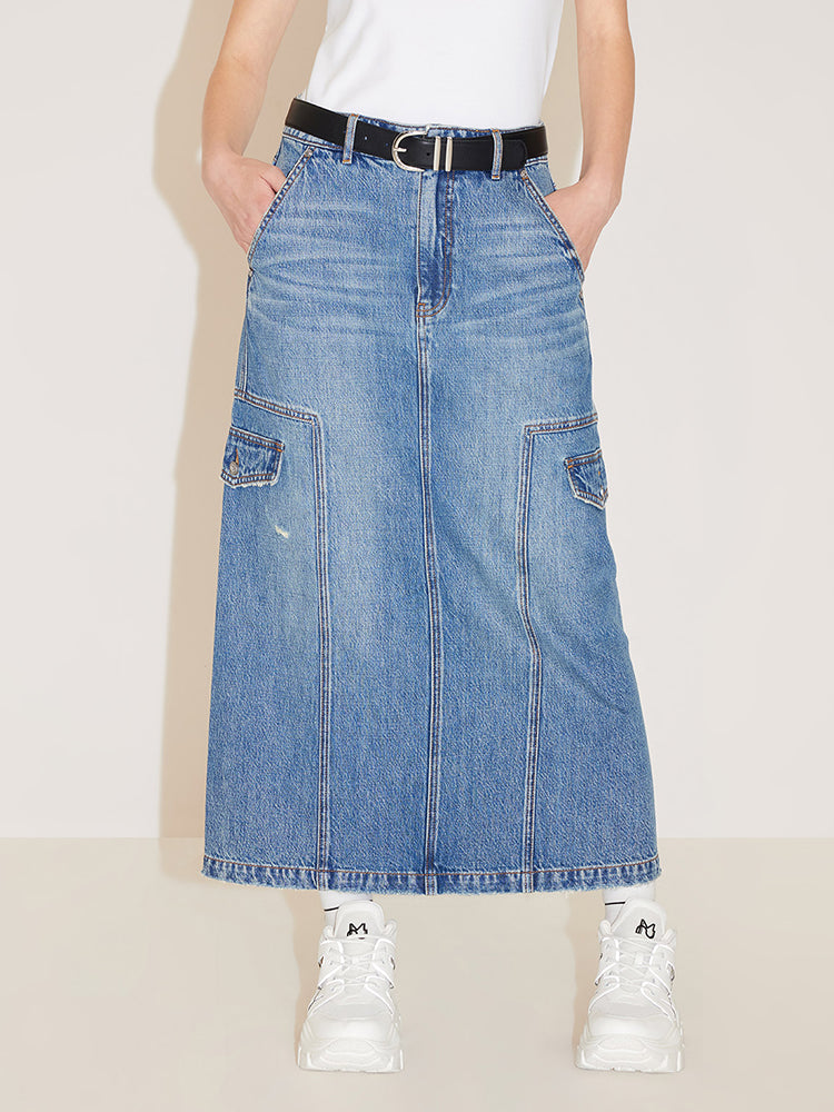 Vintage Cargo Style Slit Denim Skirt