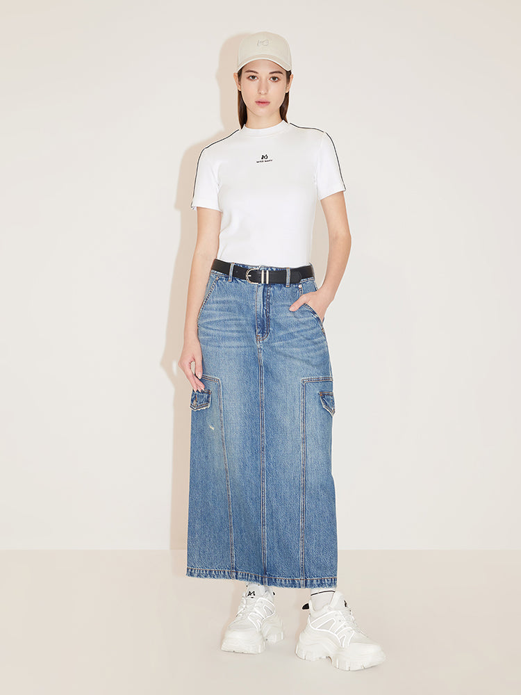 Vintage Cargo Style Slit Denim Skirt