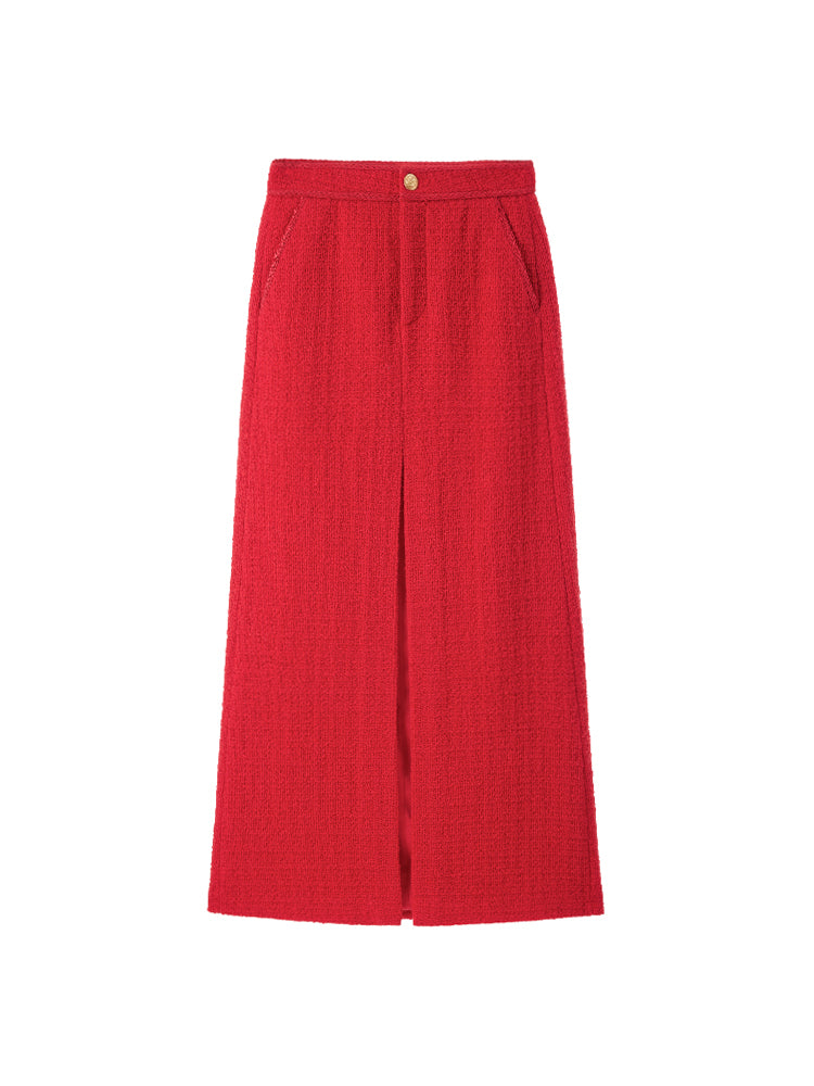 Red Tweed Slit Skirt