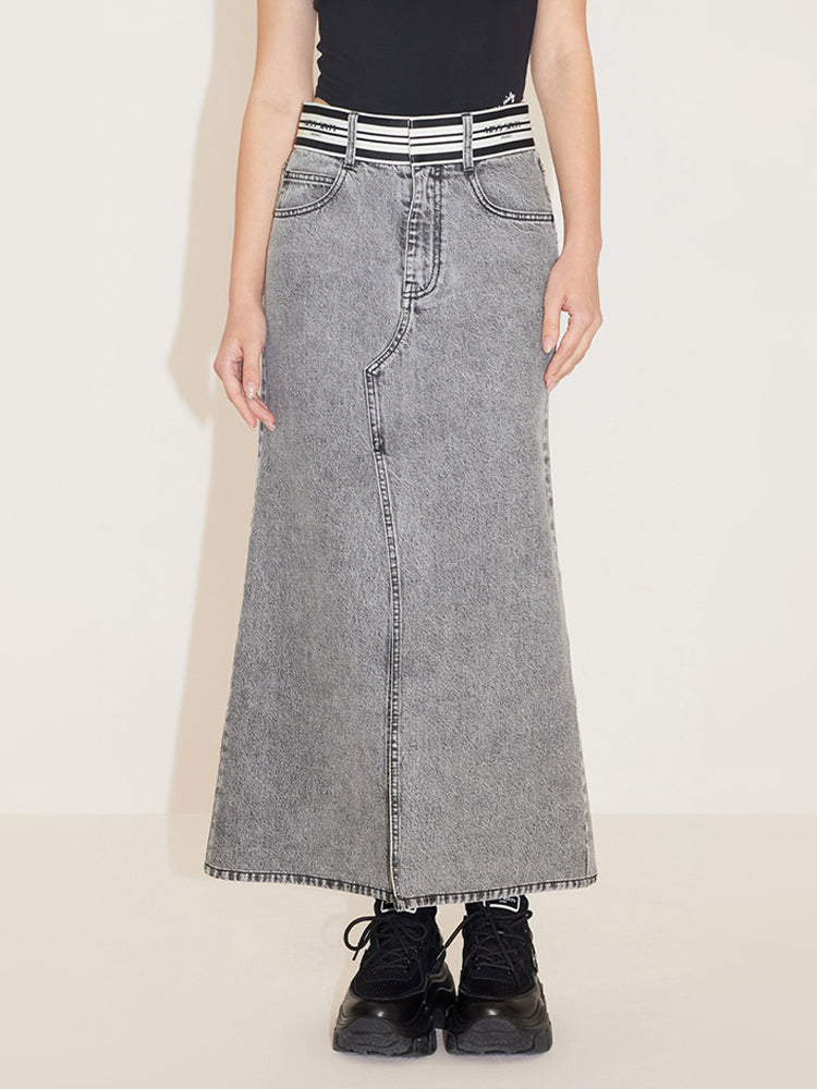 Vintage Denim Skirt With Stripe Waistline