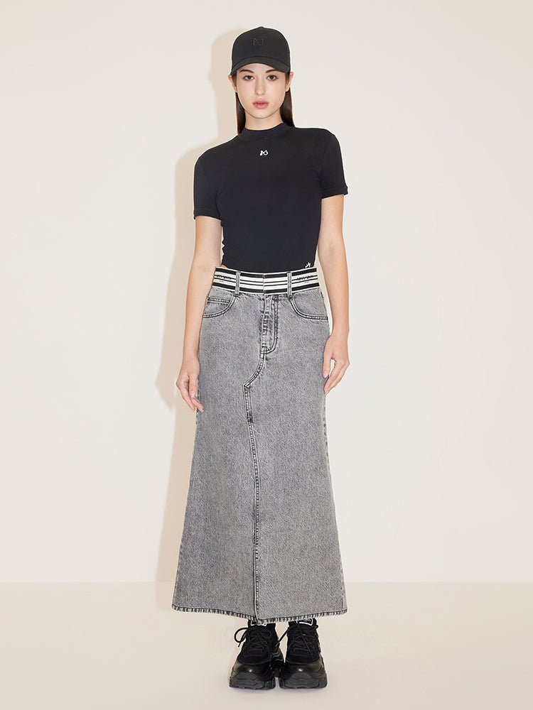 Vintage Denim Skirt With Stripe Waistline