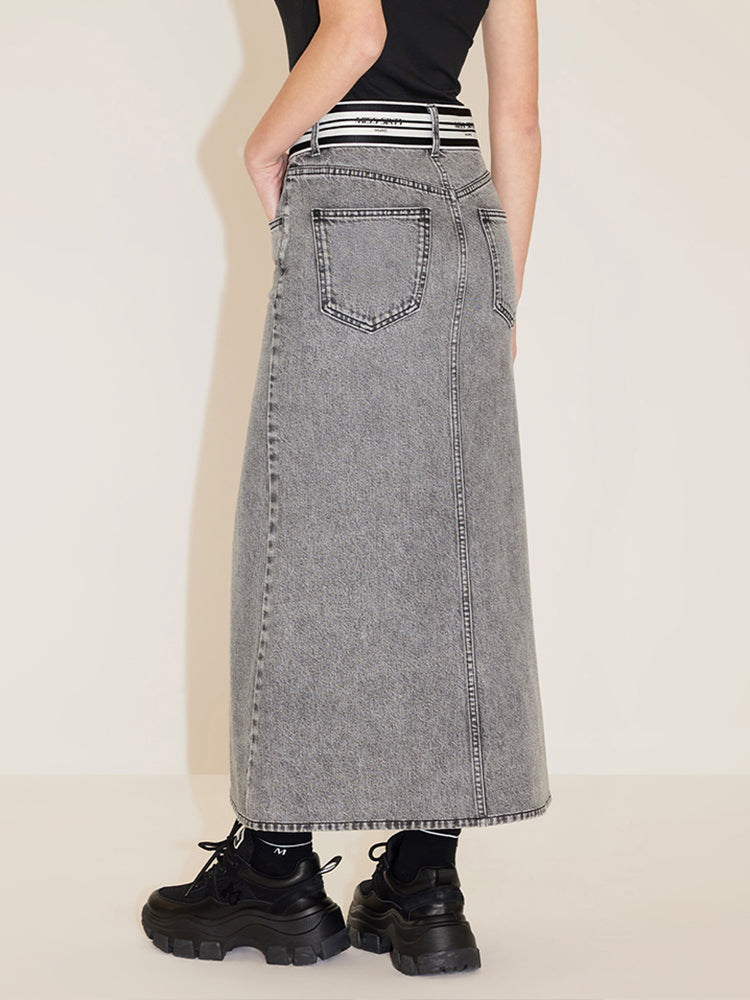 Vintage Denim Skirt With Stripe Waistline