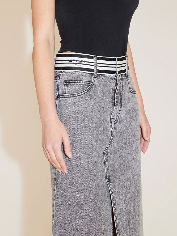 Vintage Denim Skirt With Stripe Waistline