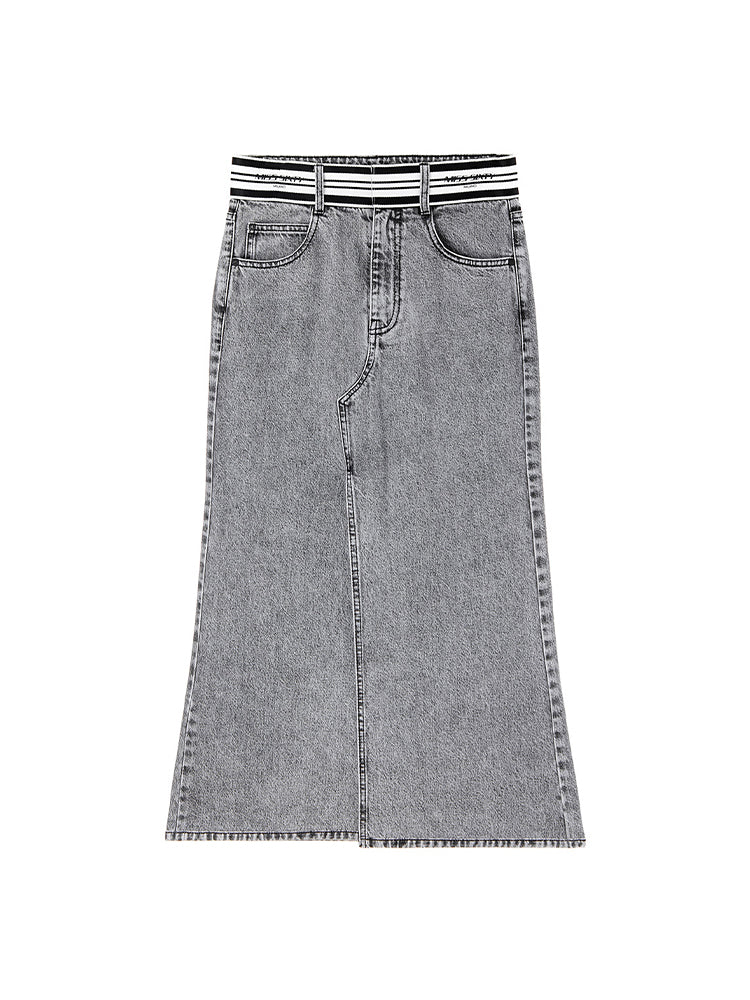 Vintage Denim Skirt With Stripe Waistline