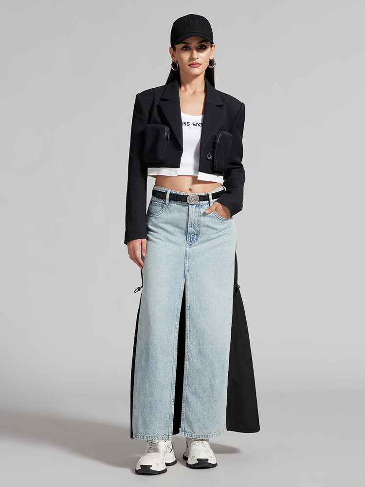 Front Slit Patchwork Denim Long Skirt